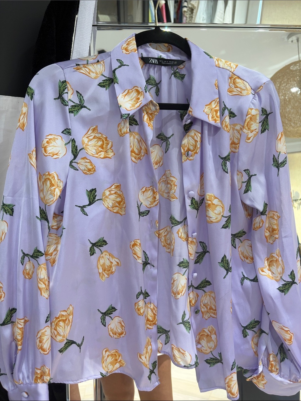 ZARA Lavender Button-Down Shirt with Yellow Floral Print